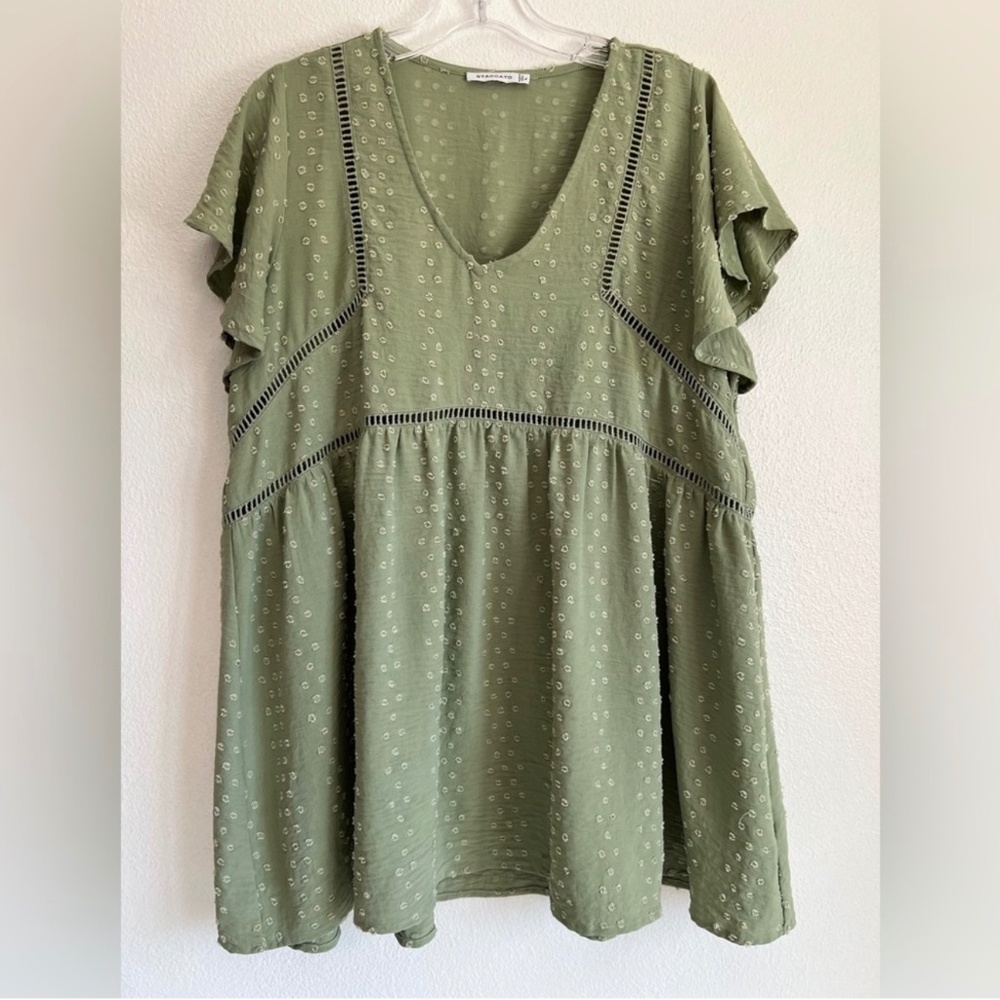 Staccato Womens Flutter Sleeve Cottagecore Peasant Babydoll Olive Green Top Sz L